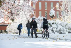 Photo of students walking on campus during winter