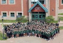 Student-athletes gathered in front of sports centre
