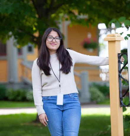 UPEI student Daniela Trinidad Lozano outside Beaconsfield Historic House